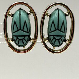 Vintage TARA Scarab Clip on Earrings Egyptian Revival Turquoise Blue
